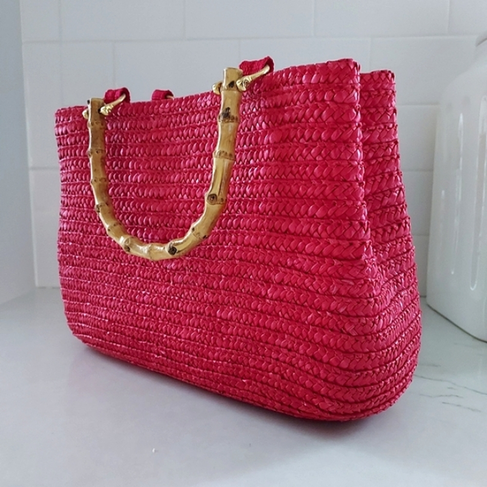 WHEAT STRAW Women's Handbag With Bamboo Handles Color Red - Picture 2 of 8